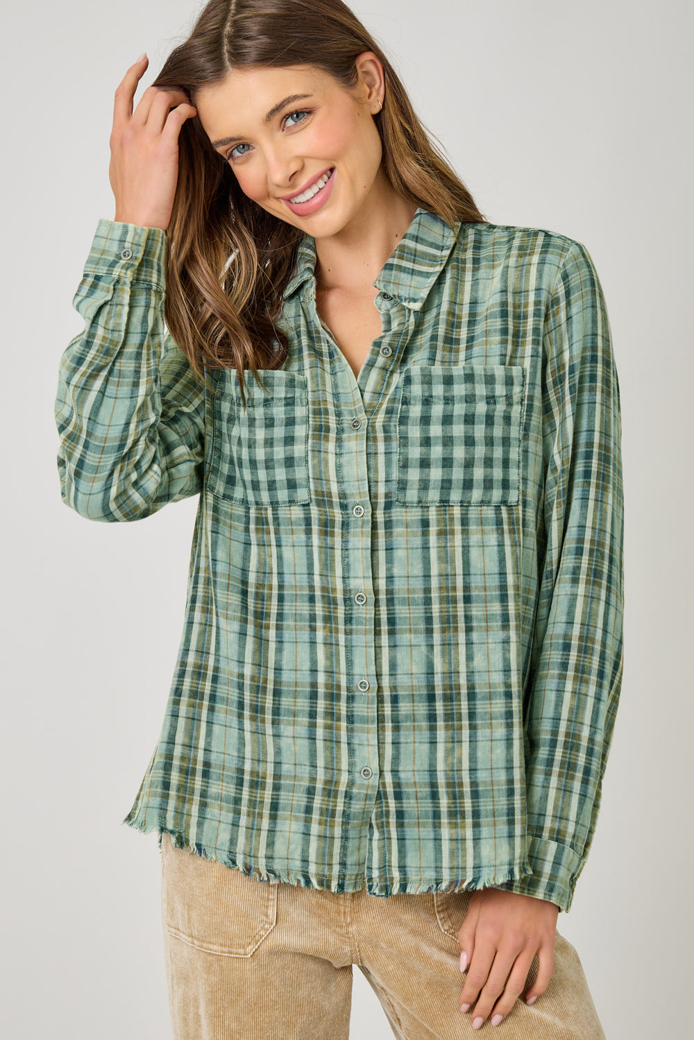 Fringe Bottom Detail Washed Plaid Shirt Washed Green