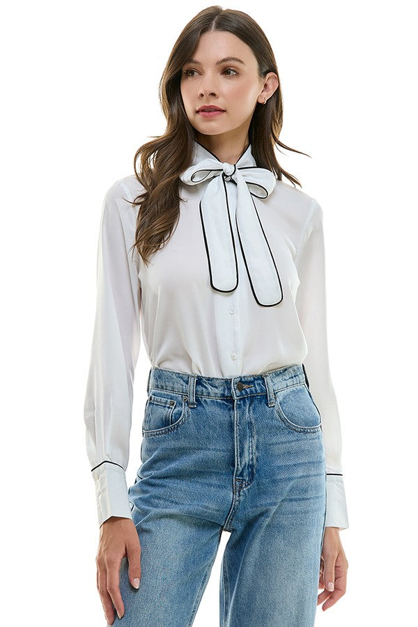 Button Front Ribbon Tie Front Contrast Trim Shirt Ivory + Black