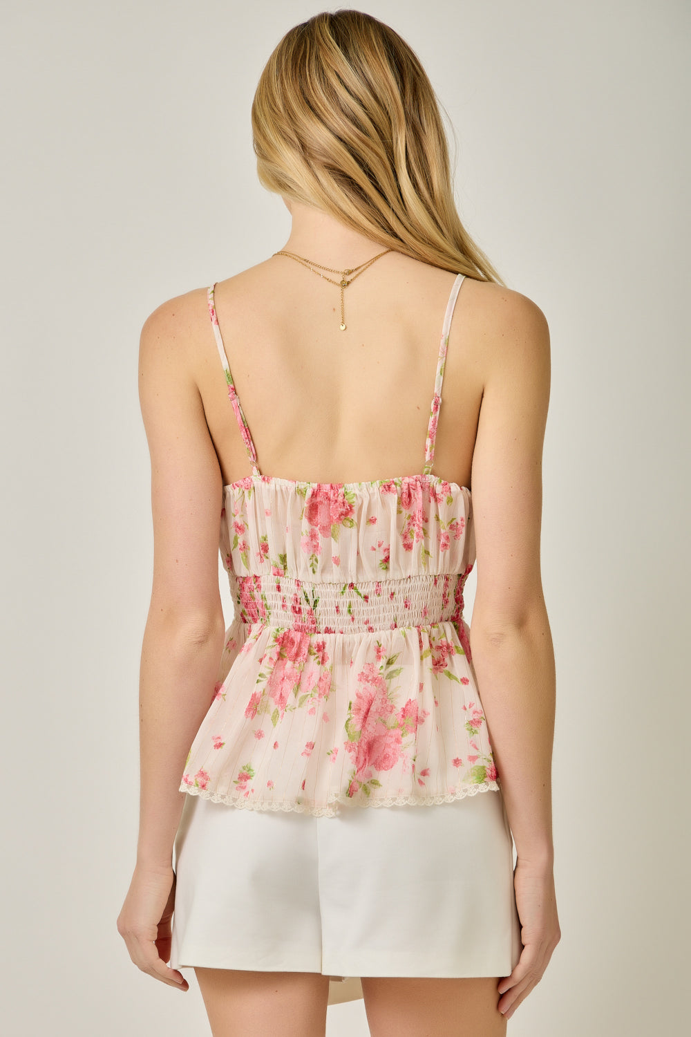 Lace Edging Floral Print Flowy Cami Ivory + Rose