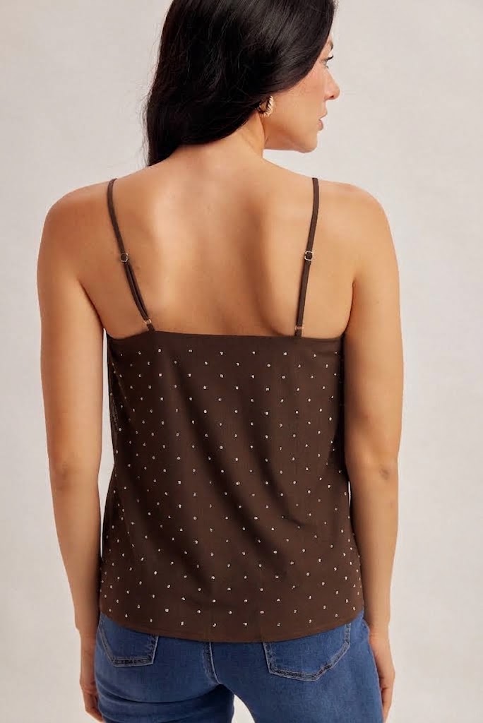 Crystal Stud Mesh Cami - Mocha