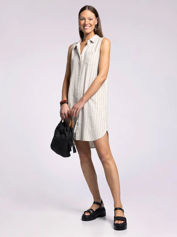Reef Point Sleeveless Collared Dress Linen Black Stripe