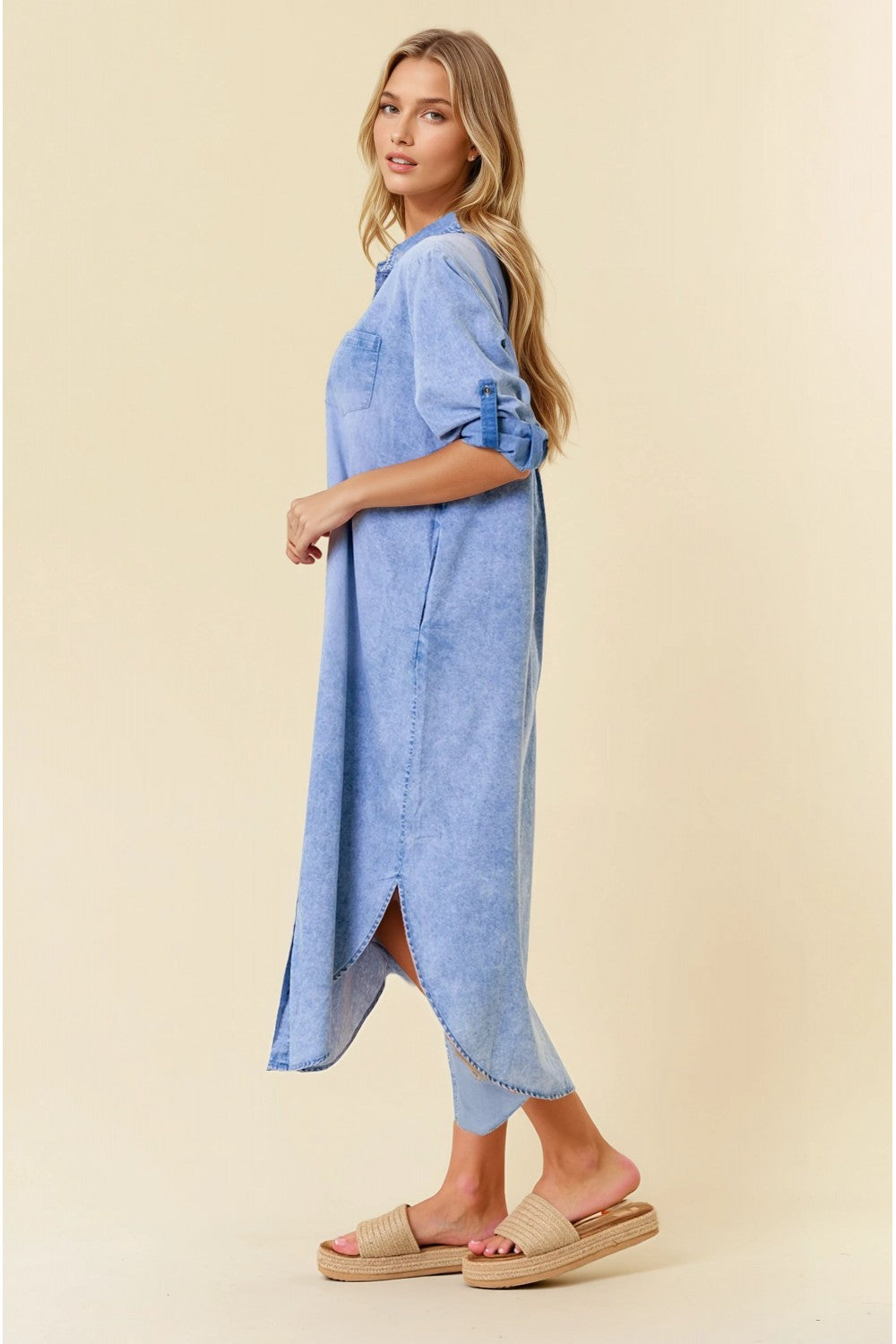 Roll Tab 3/4 Sleeve Tencel Denim Midi Shirt Dress Light Denim