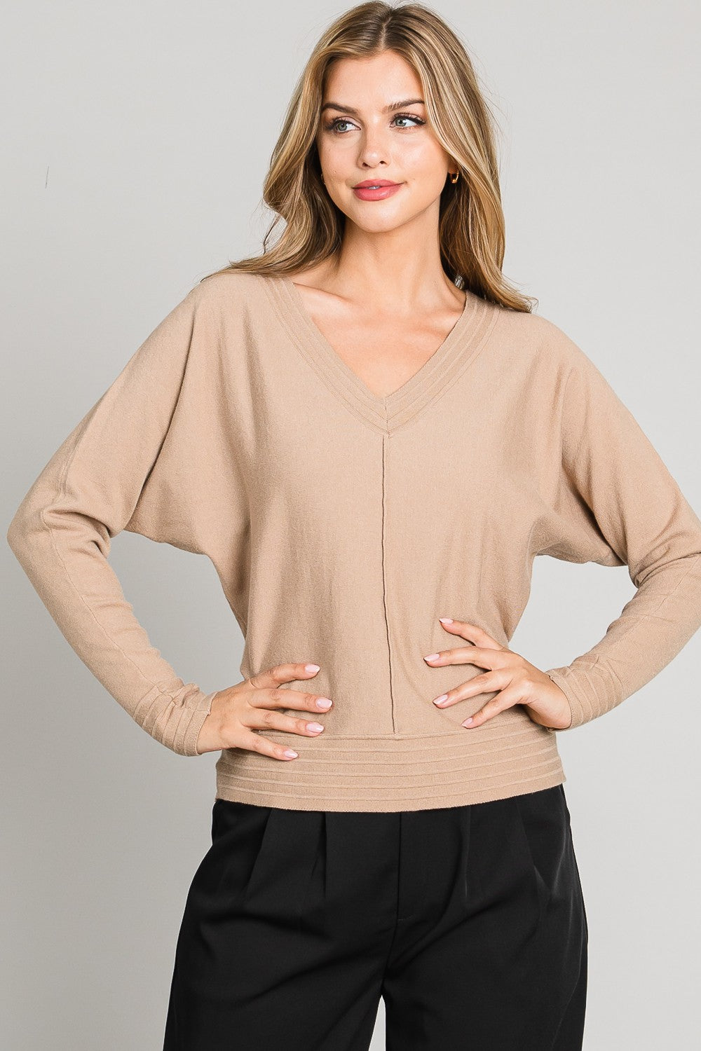 Textured Stripe Hem Sweater Top Camel