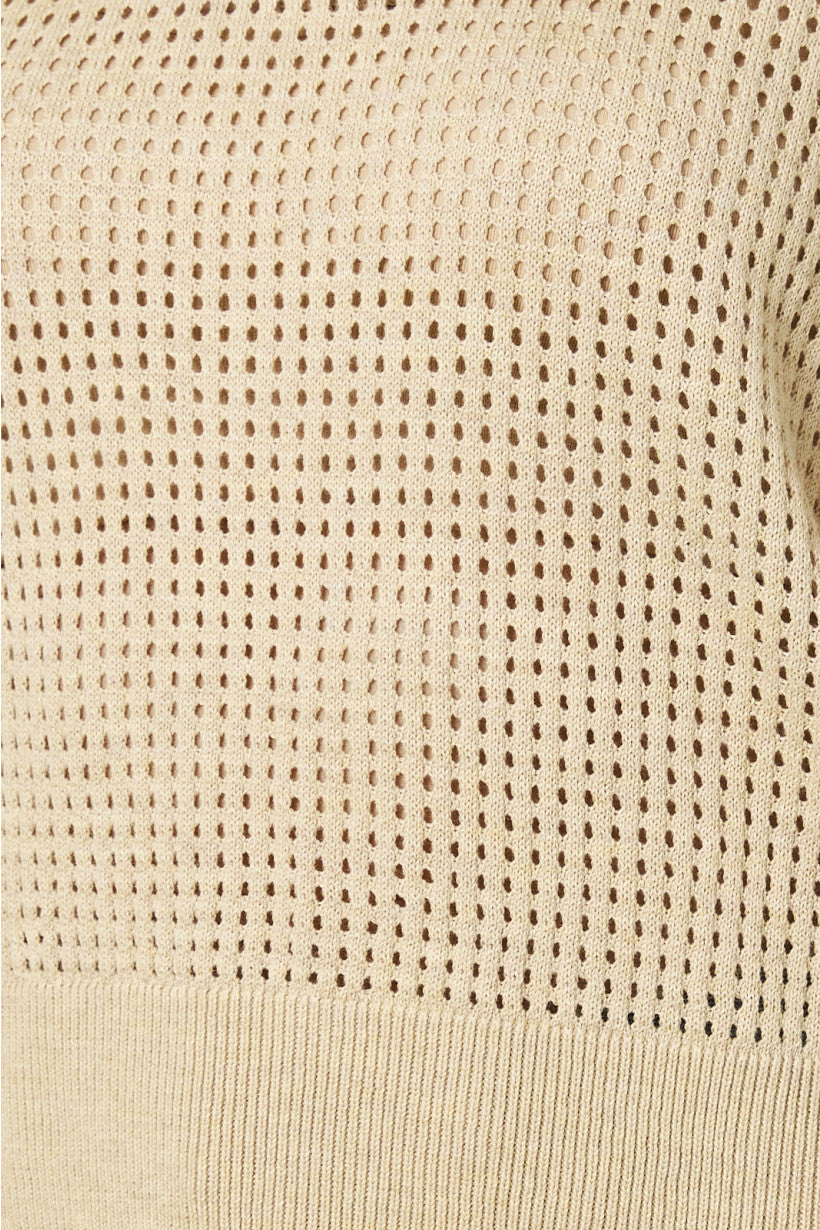 Open Knit Mock Neck Zip Up Sweater Top Oatmeal