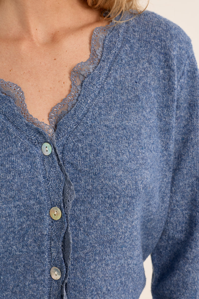Scalloped Lace Trim Buttoned Cardigan Blue Denim