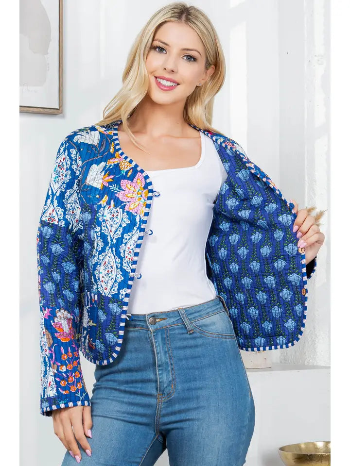 Celeste Floral Quilted Patchwork Reversible Jacket Blue Combo