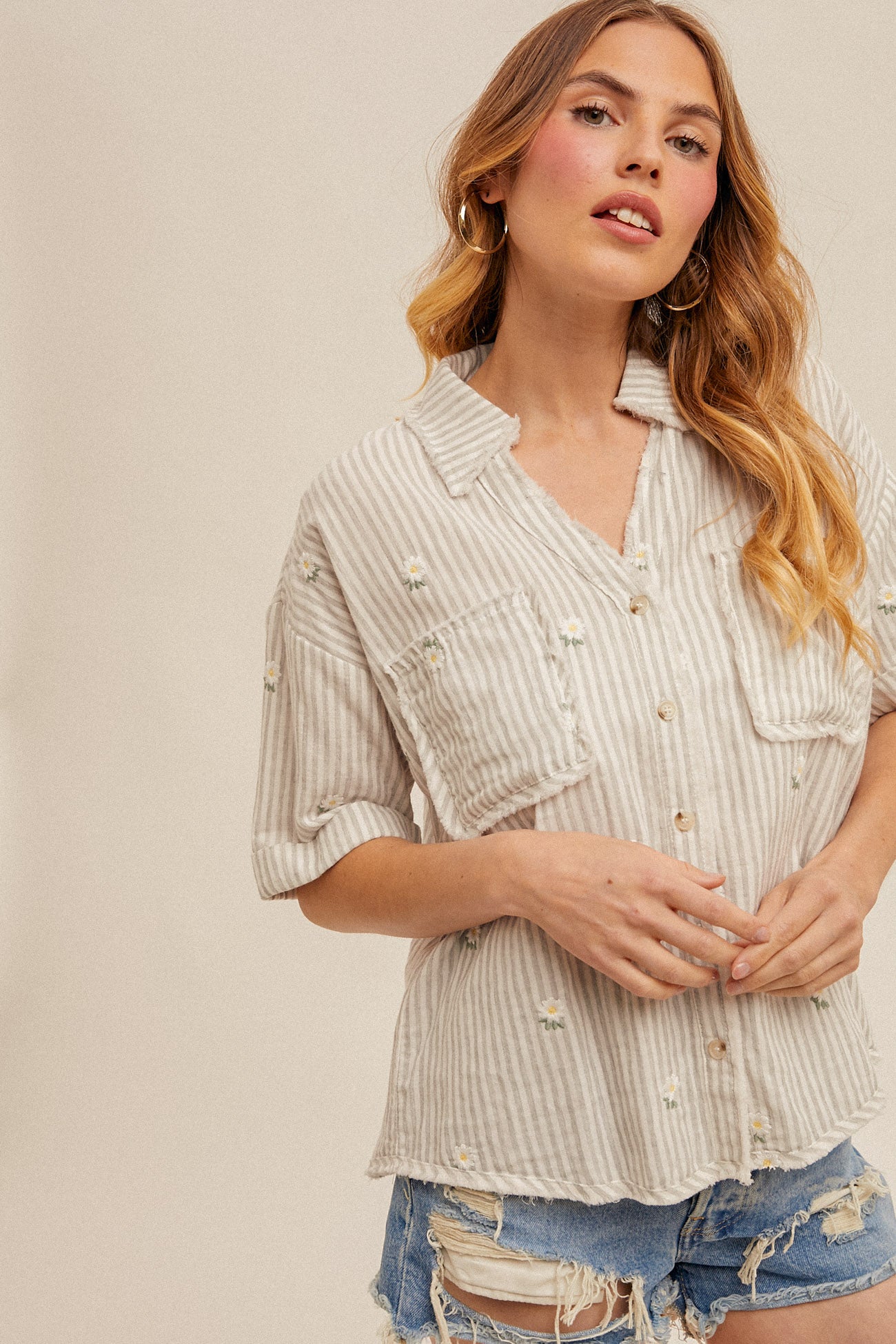 Floral Embroidered Fray Hem Boxy Stripe Shirt Heather Grey