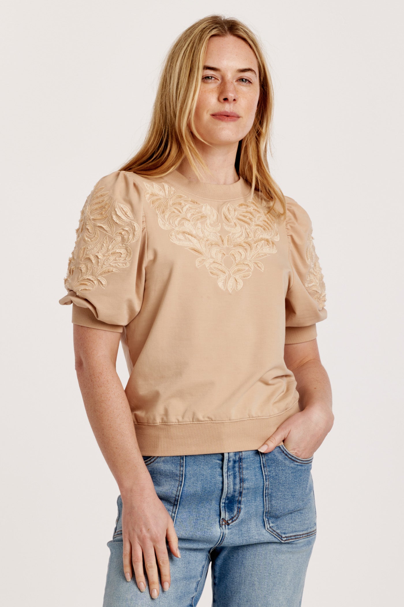Kyle Embroidered Elbow Sleeve Top Buckwheat