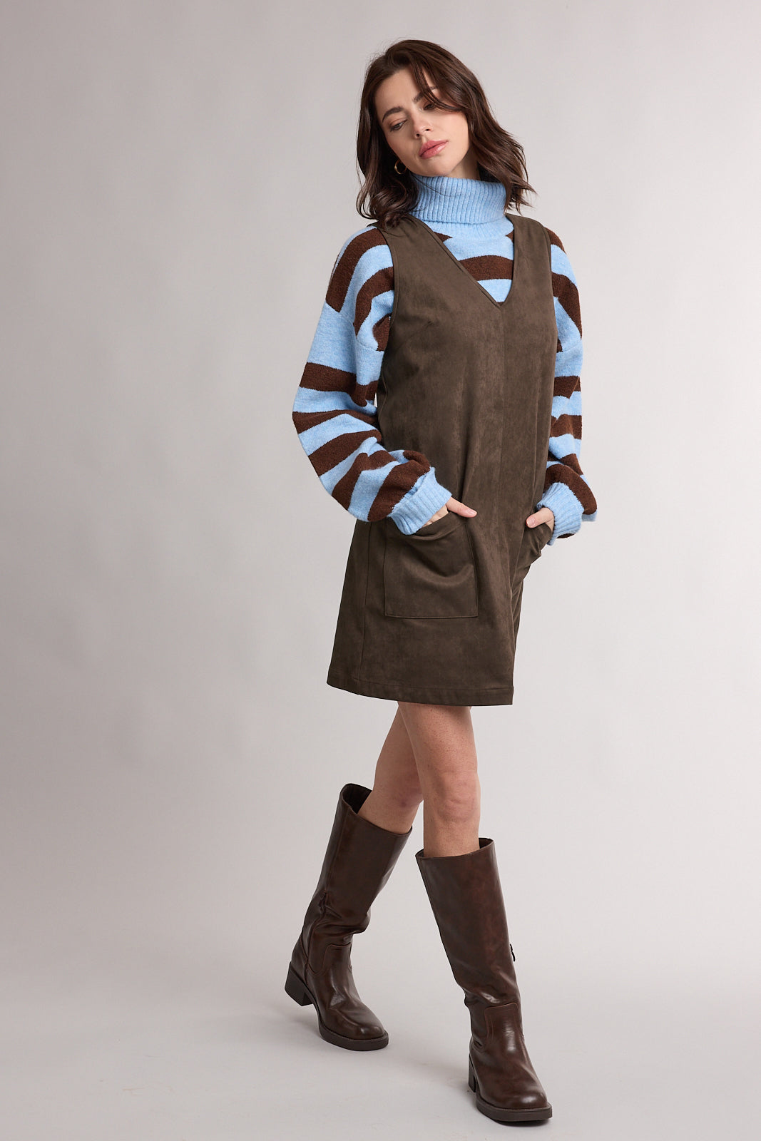 Suede Vneck Sleeveless Mini Dress Espresso