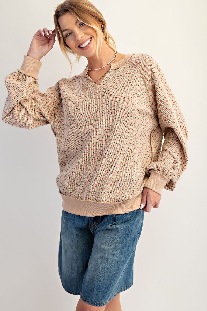 Floral Print Washed Thermal Pullover Desert Dust
