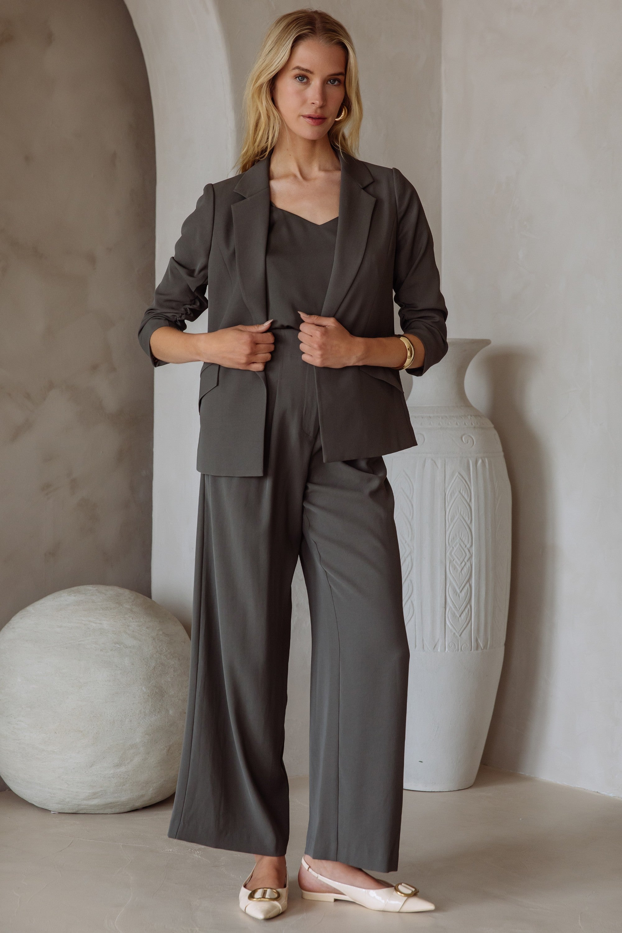 Shirred Sleeve Blazer Dark Olive