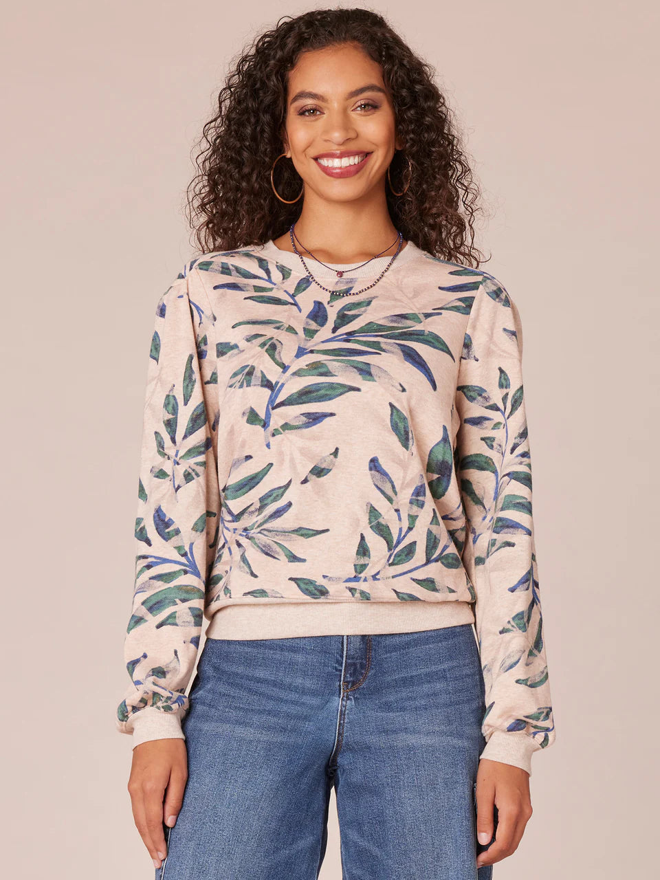 Shoulder Yoke Fern Printed Sweatshirt Emerald Teal Multi