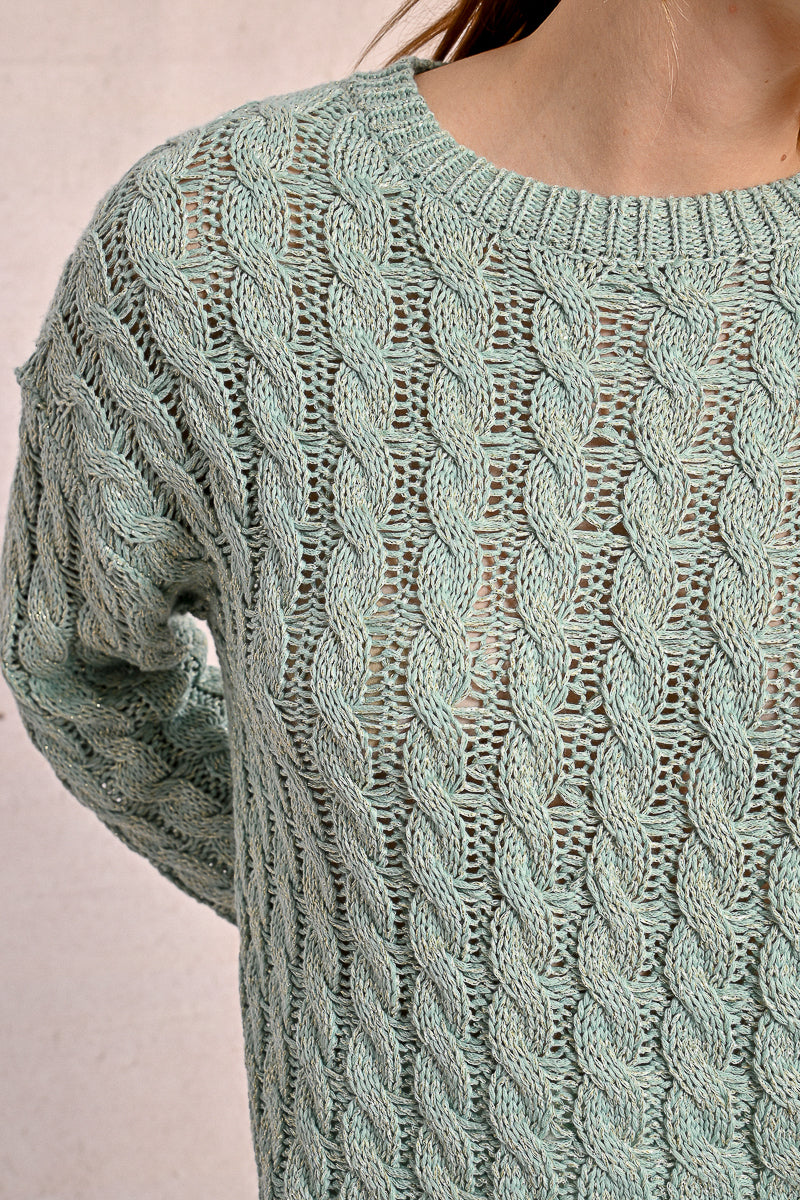 Open Cable Knit Metallic Sweater Turquoise