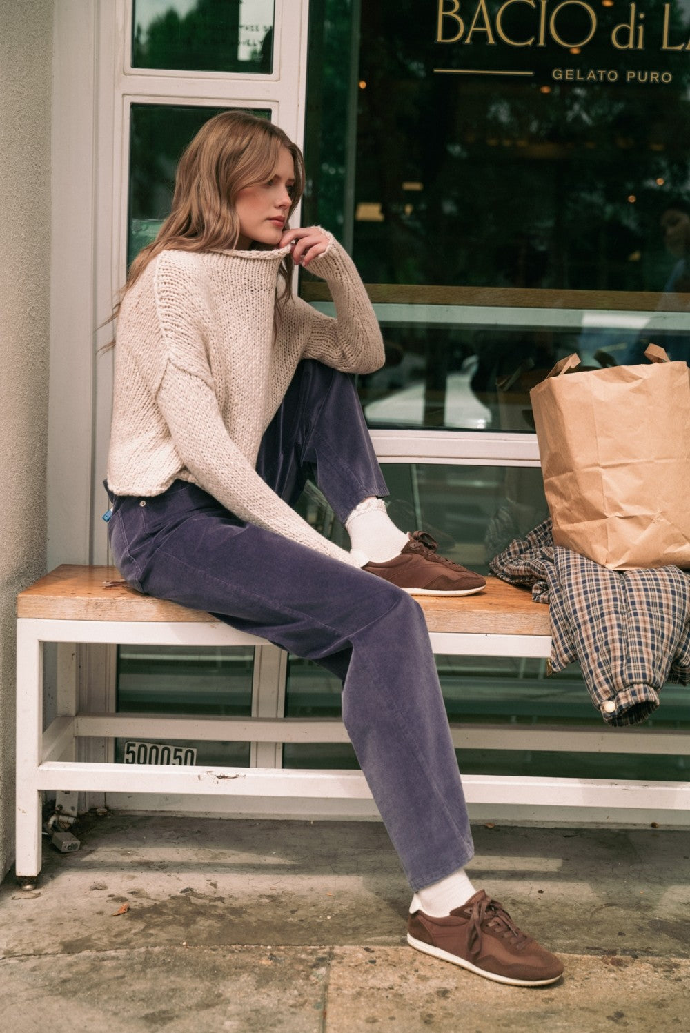 Roll Hem Long Sleeve Sweater White Tea