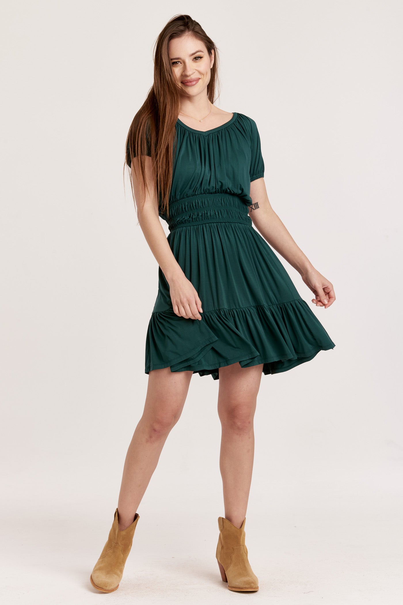 Celia Smocked Tiered Mini Dress Forest