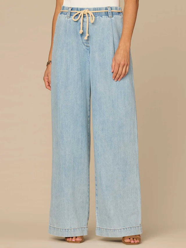 Skyrise Pleated Rope Belt Wide Leg Pants Light Blue