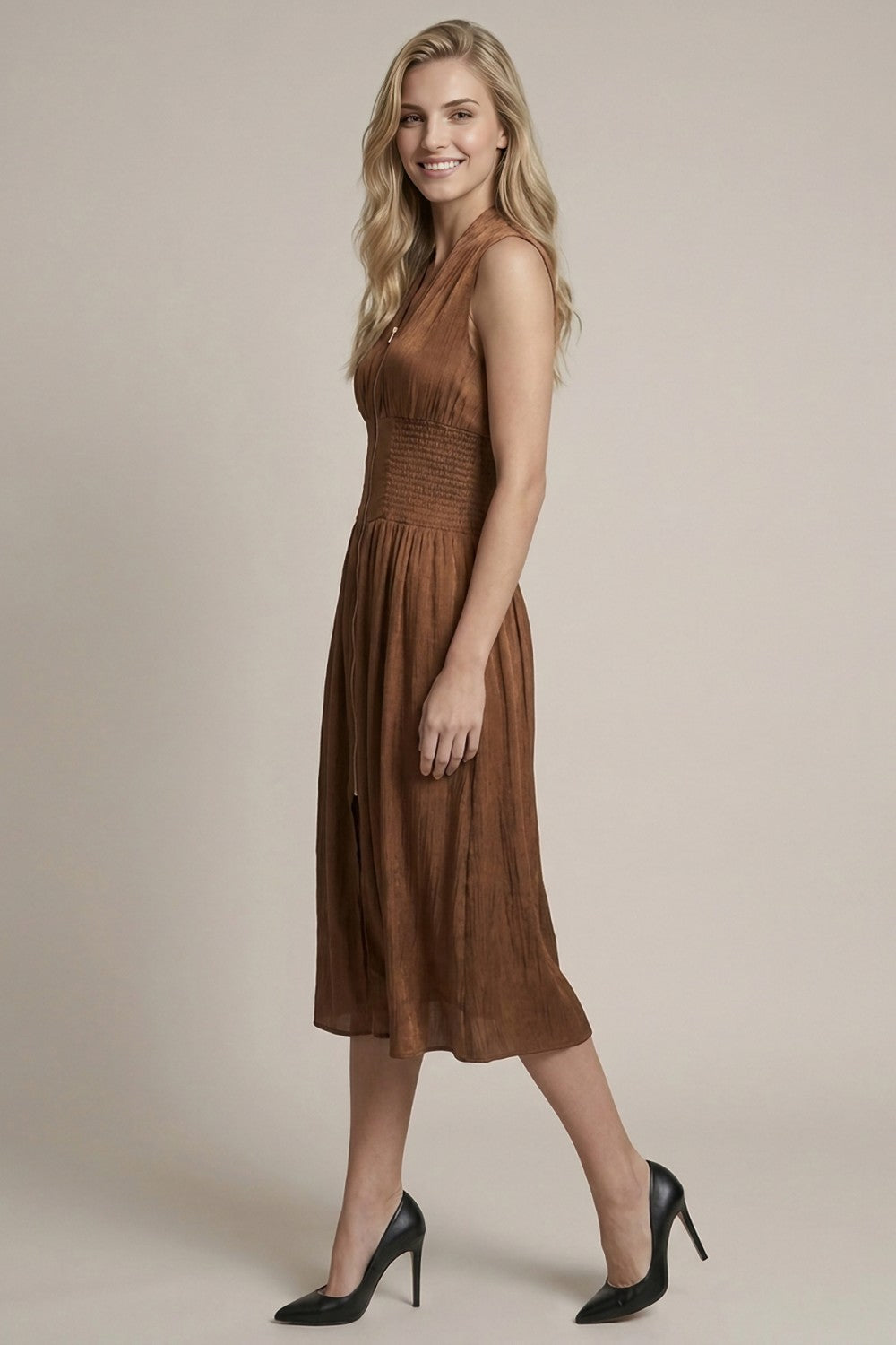 Satin Smocked Bodice Zipper Midi Dress Cocoa Brown
