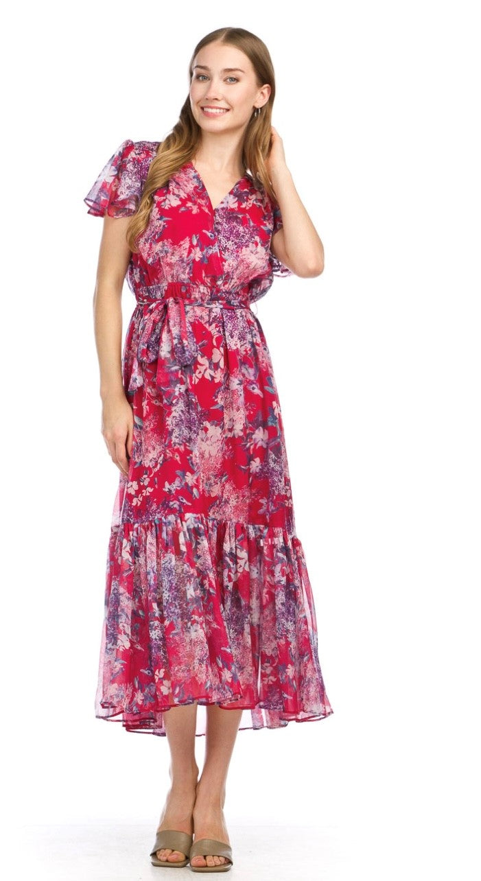 Georgette Floral Ruffle Hem Flutter Dress Red Pink Mix