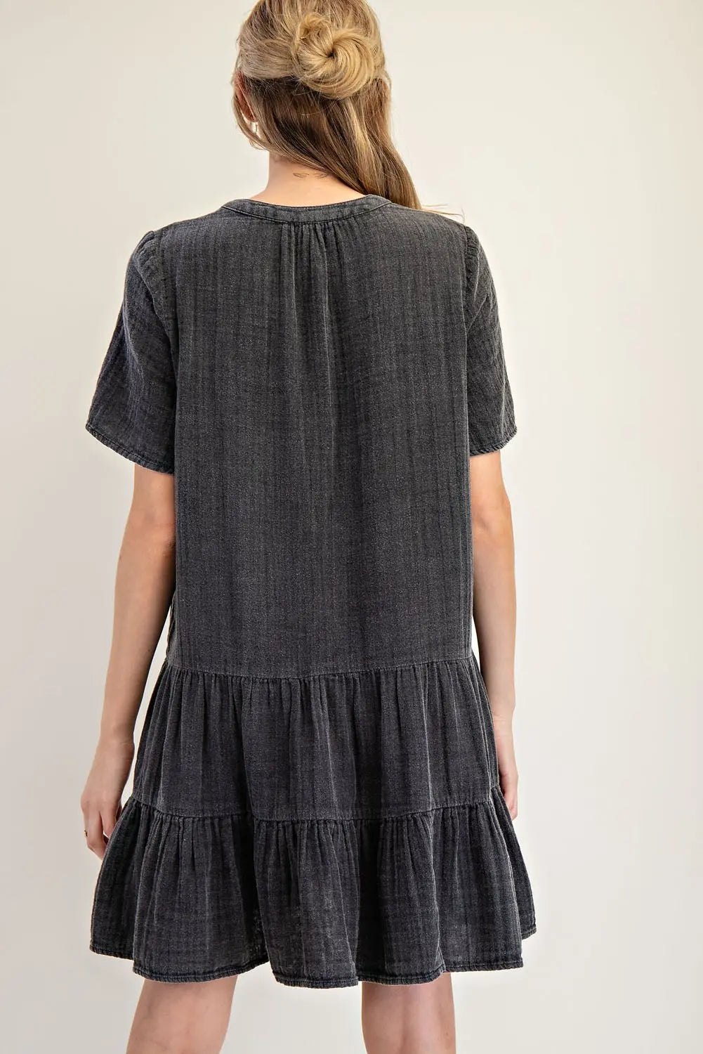 Mineral Washed Double Tie Cotton Gauze Dress Black