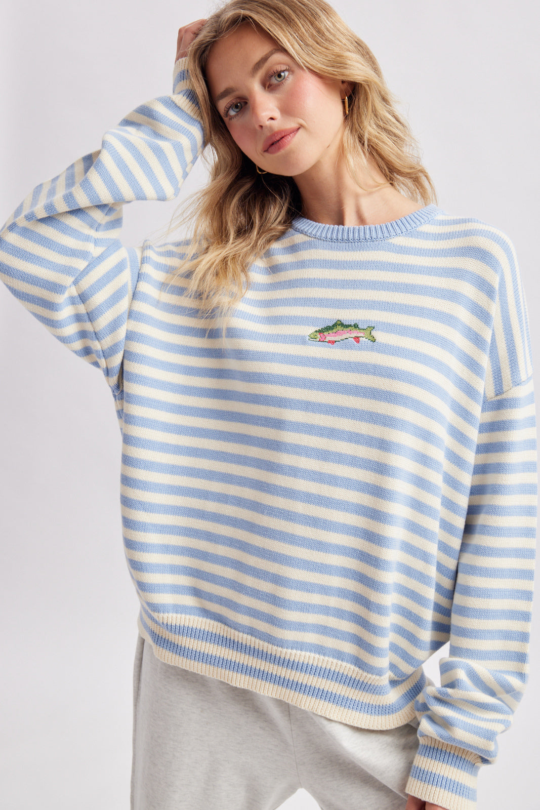 Striped Fish Graphic Sweater Misty Blue + Cream