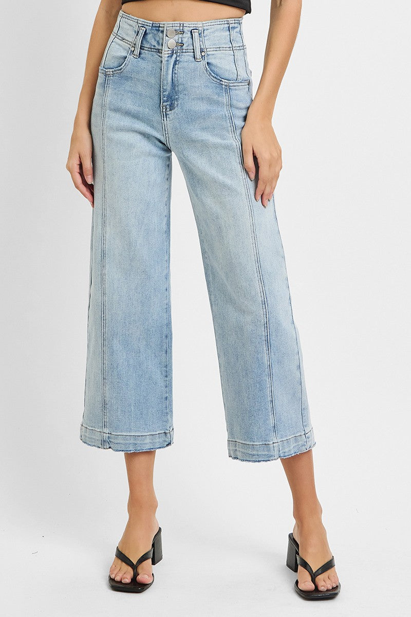 High Rise Crop Wide Leg Front Seam Detail Jeans Light