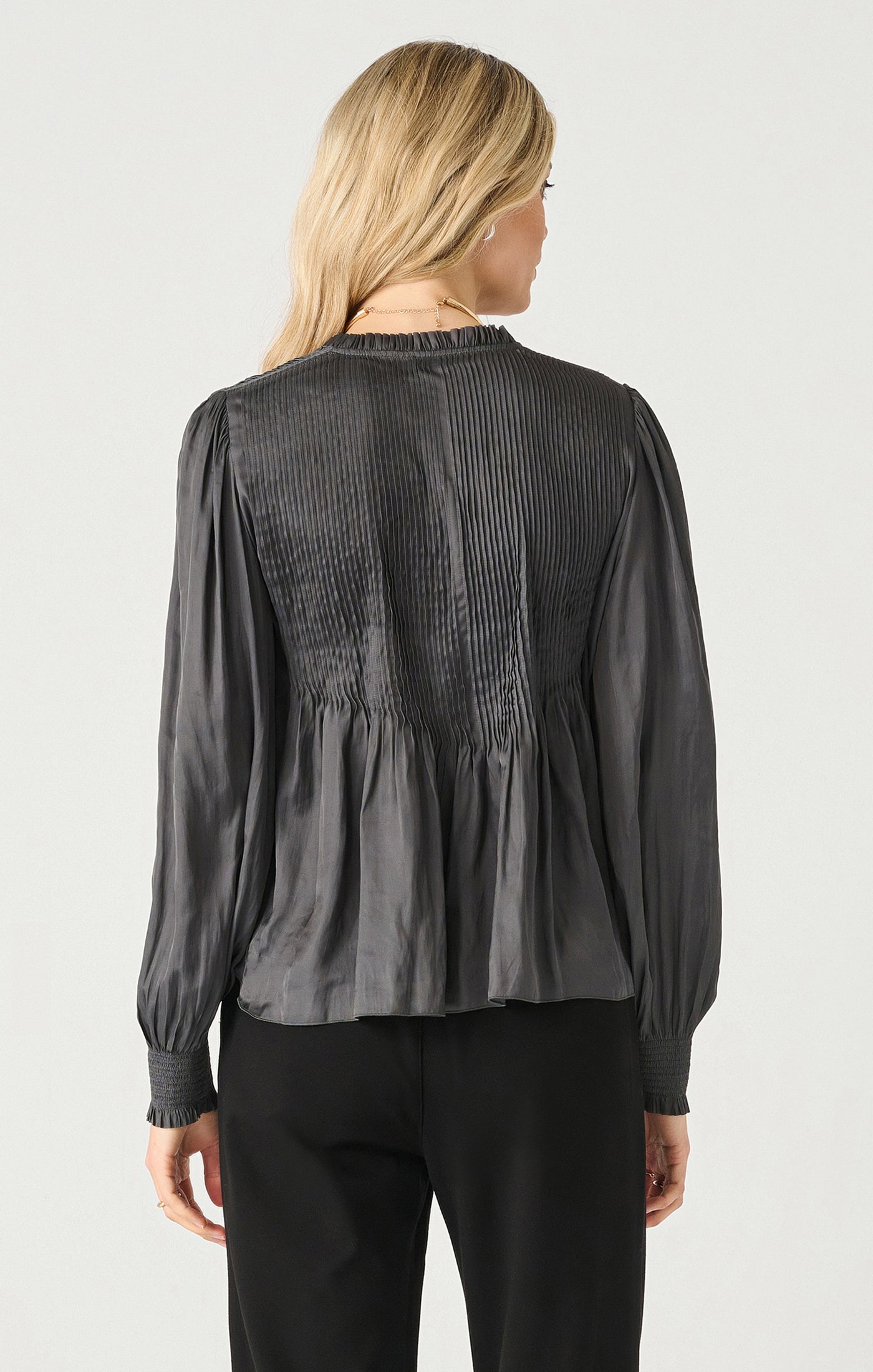 Pintuck Tie Neck Long Sleeve Blouse Coal
