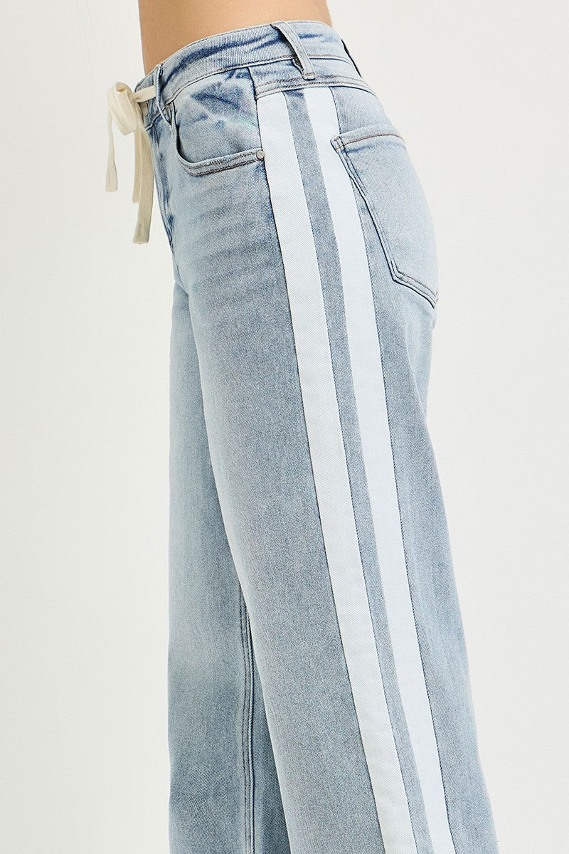 Baggy Tie Waist Stripe Side Jeans Light