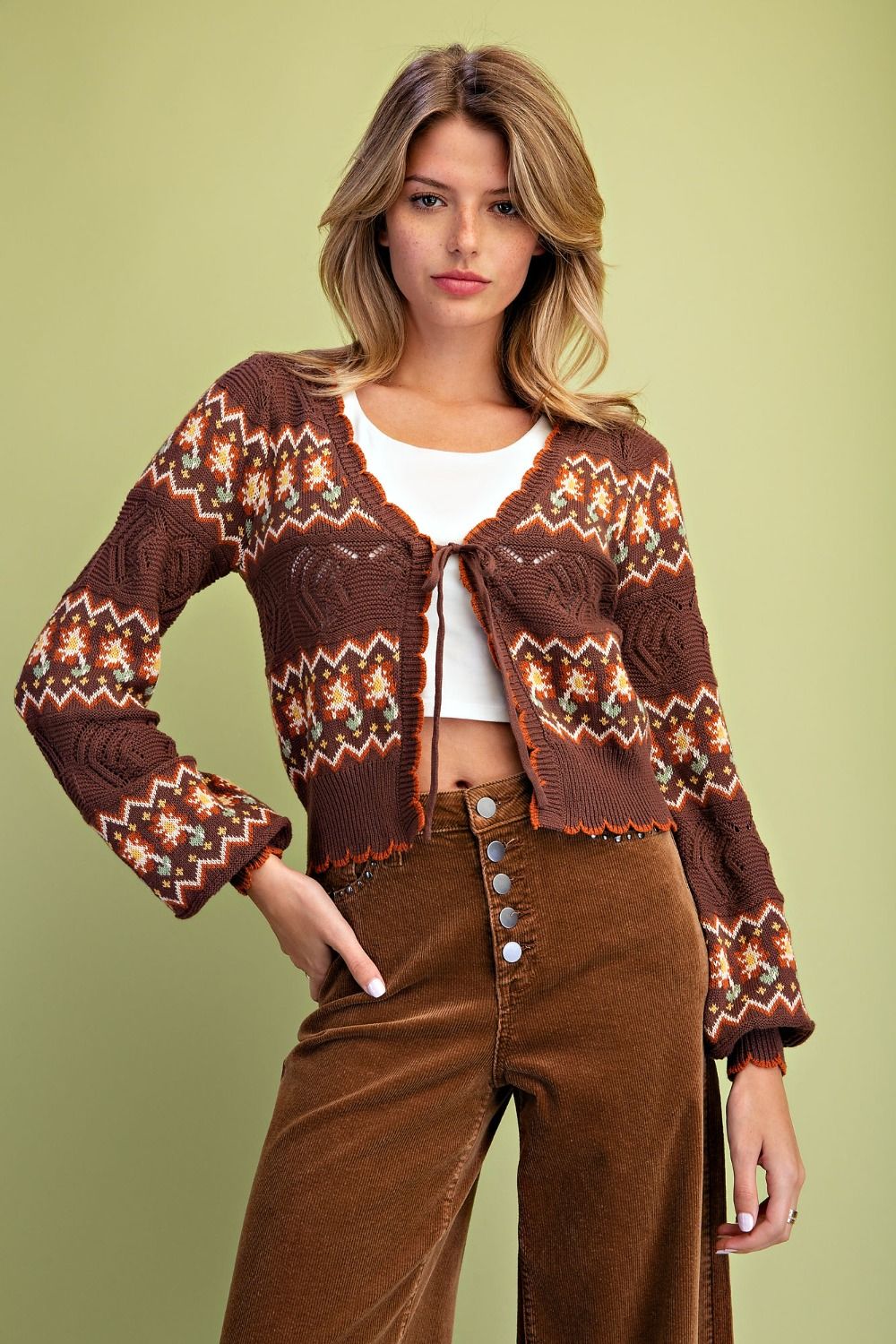 Multicolor Floral Knit Open Sweater Coffee Brown