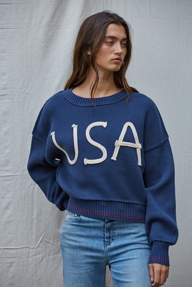 USA Rope Letter Sweater Navy