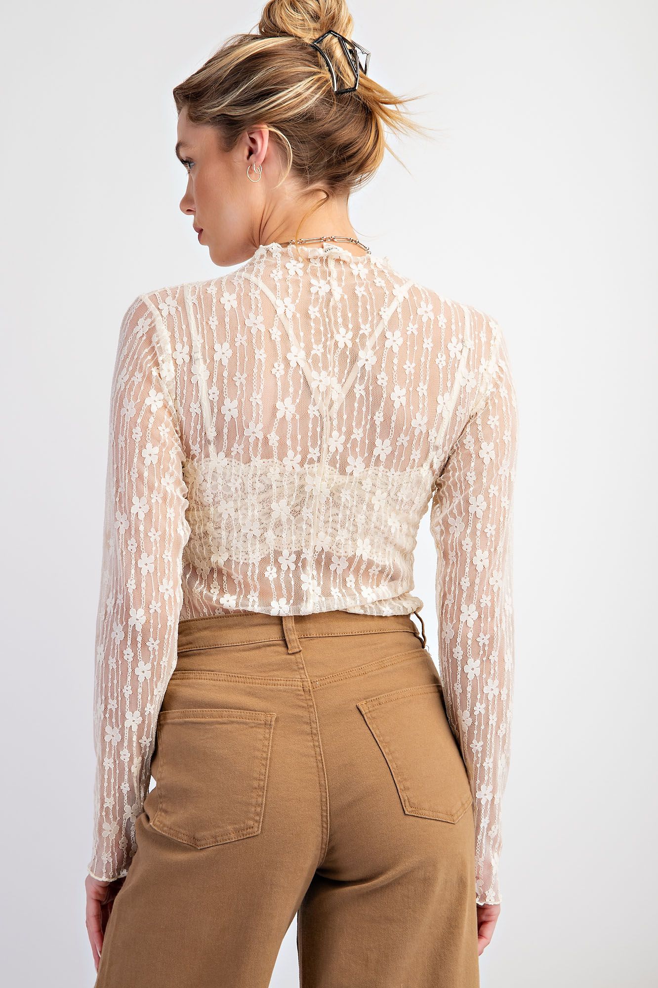 Sheer Lace High Neck Layering Top Ivory
