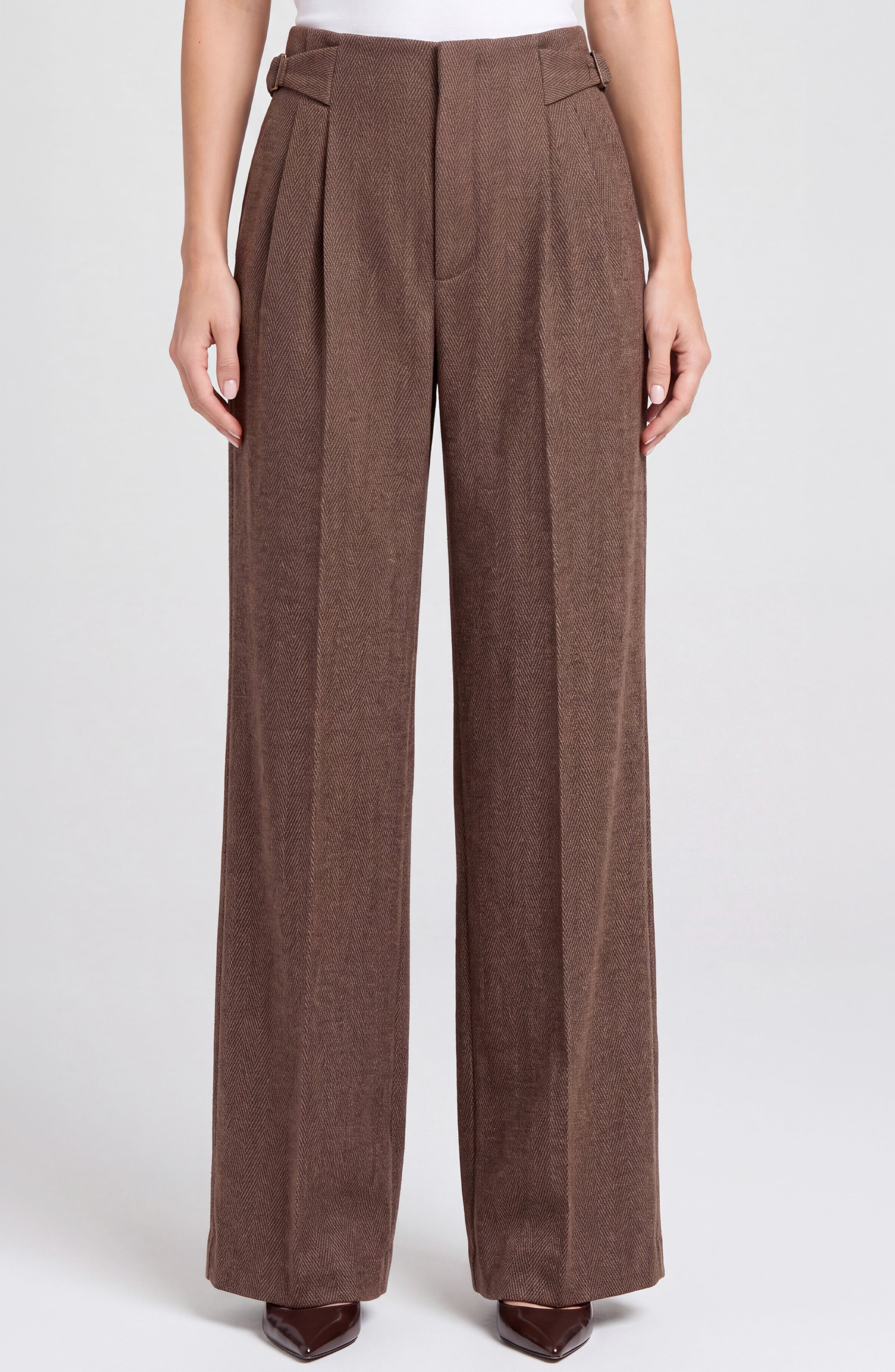 High Rise Pleated Wide Leg Tab Trouser Chestnut
