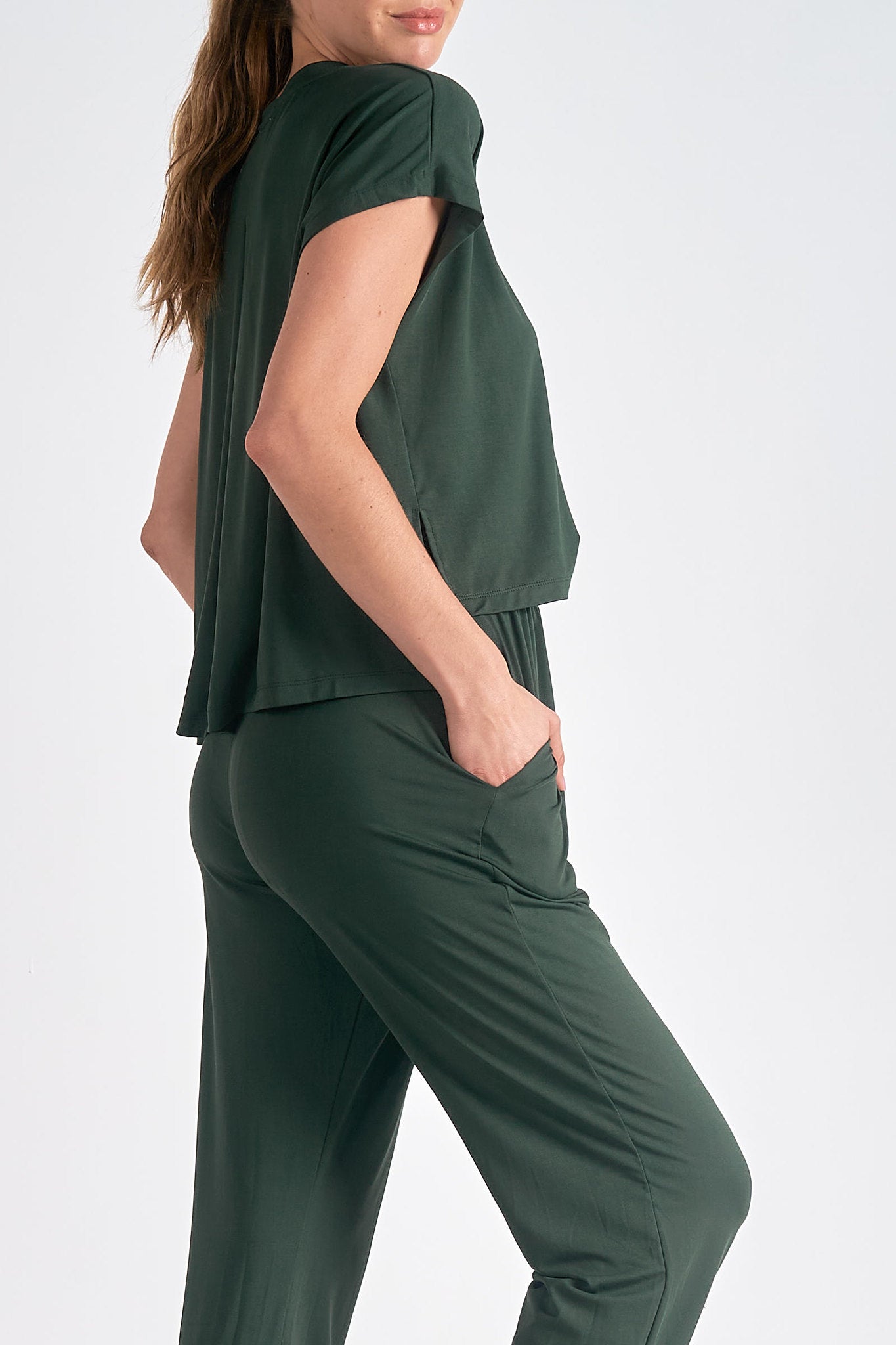 Short Sleeve Hi Low Jogger Jumpsuit Dark Green
