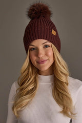 Solid Wide Ribbed Knit Pom Hat Brown