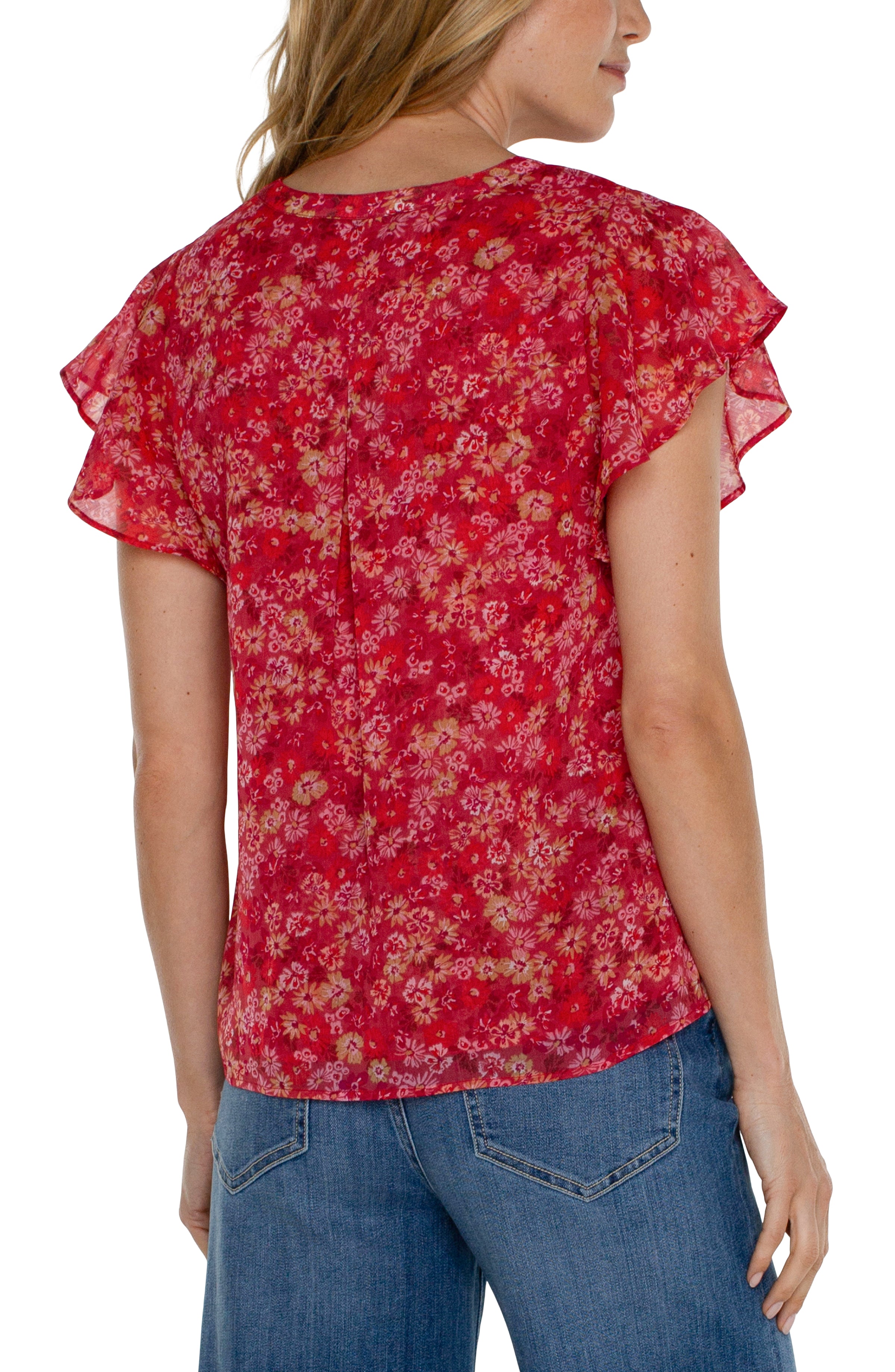 Double Layer Flutter Sleeve Pintuck Blouse Berry Blossom Floral