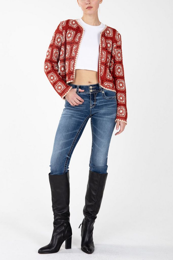 Crochet Detailed Lined Cardi Multi Red