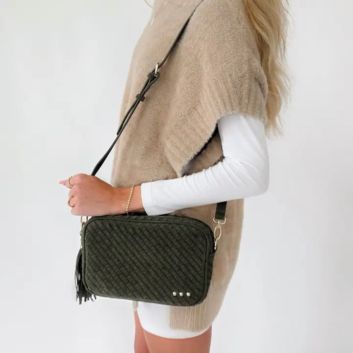 Willow Woven Camera Crossbody Bag Olive Suede