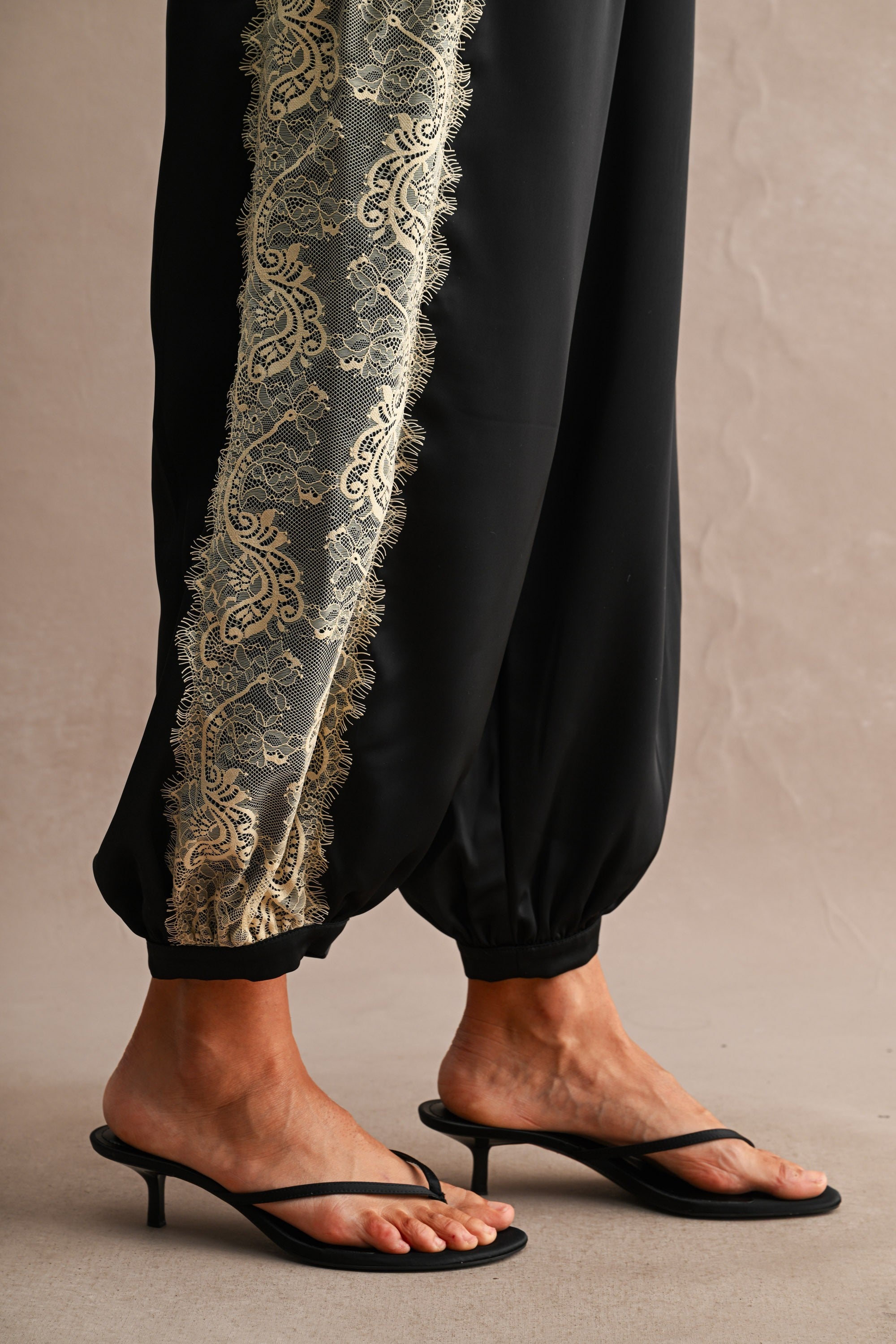 High Waisted Lace Trim Satin Balloon Pants Black