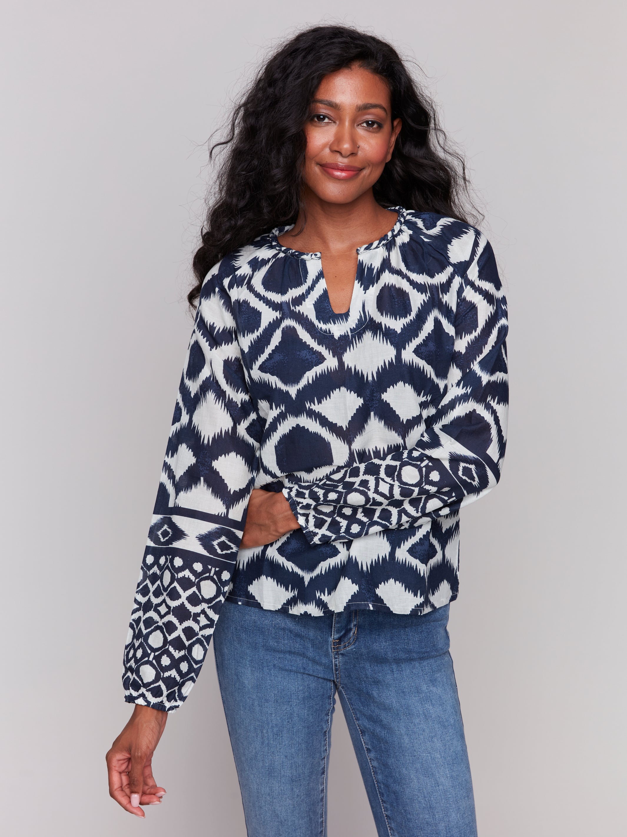 Printed Raglan Sleeve Popover Blouse Navy