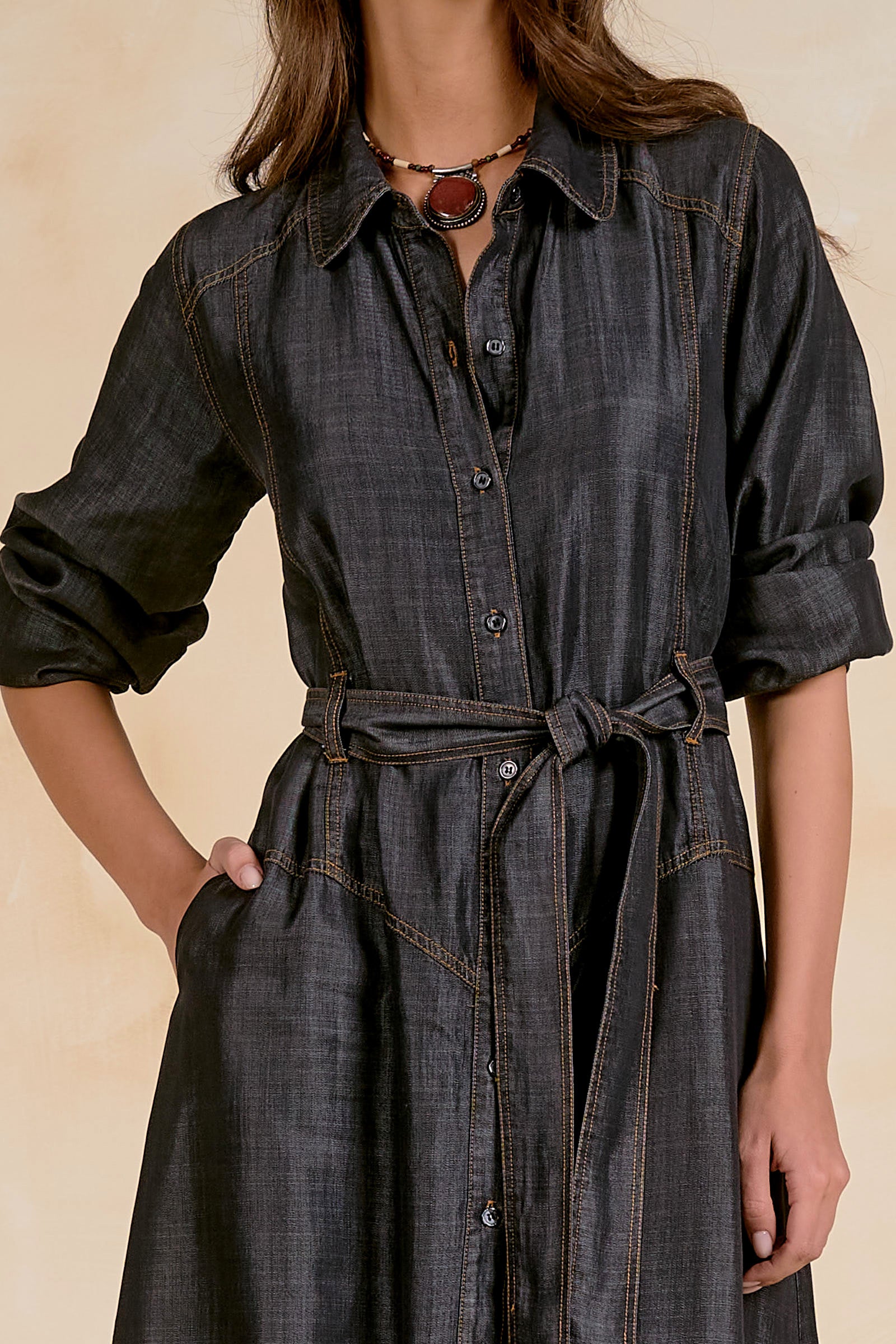 Washed Collared Long Sleeve Buttoned Maxi Dress Black Wash