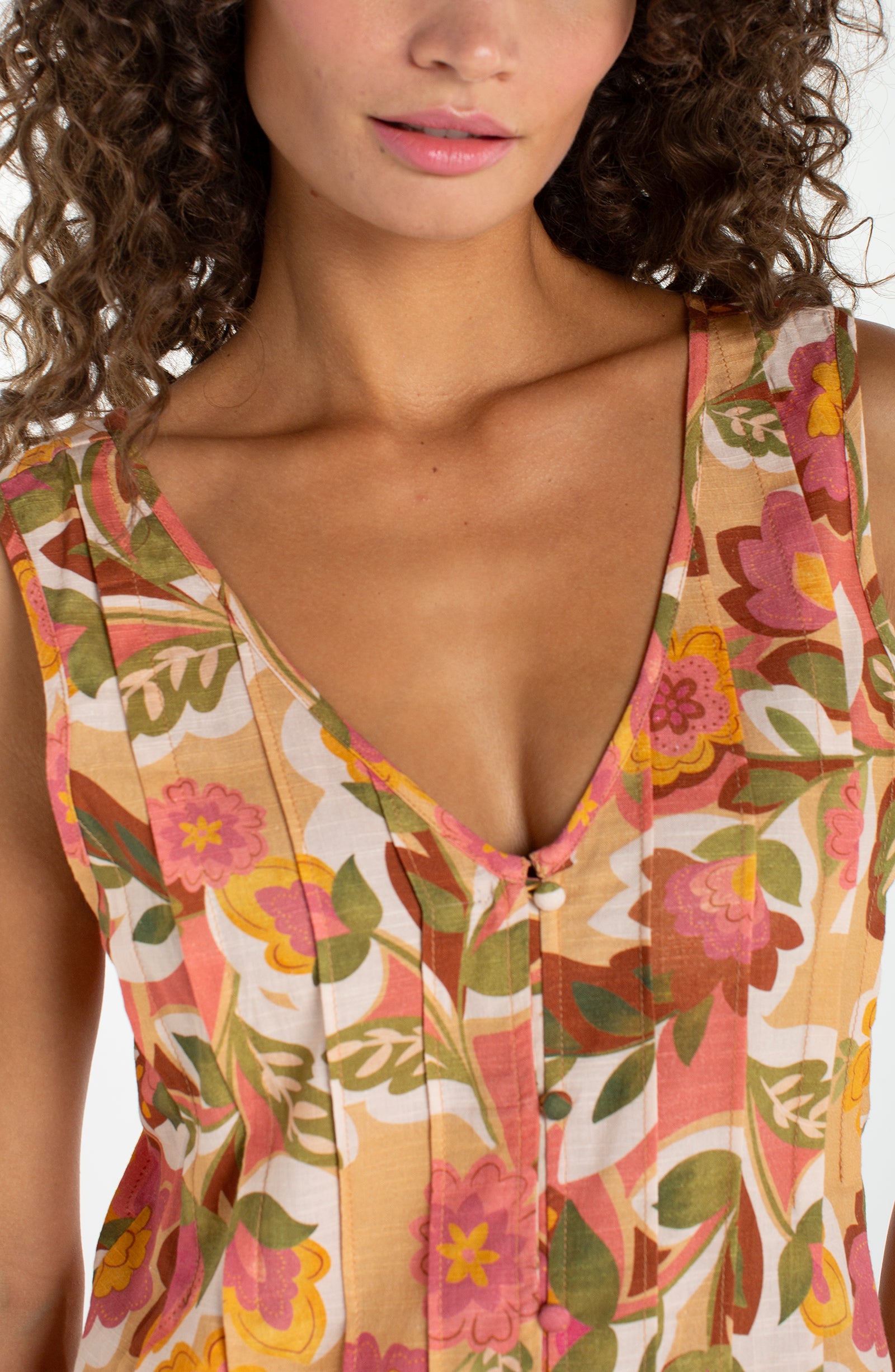 Pintuck Printed Woven Tank Tan Floral Multi