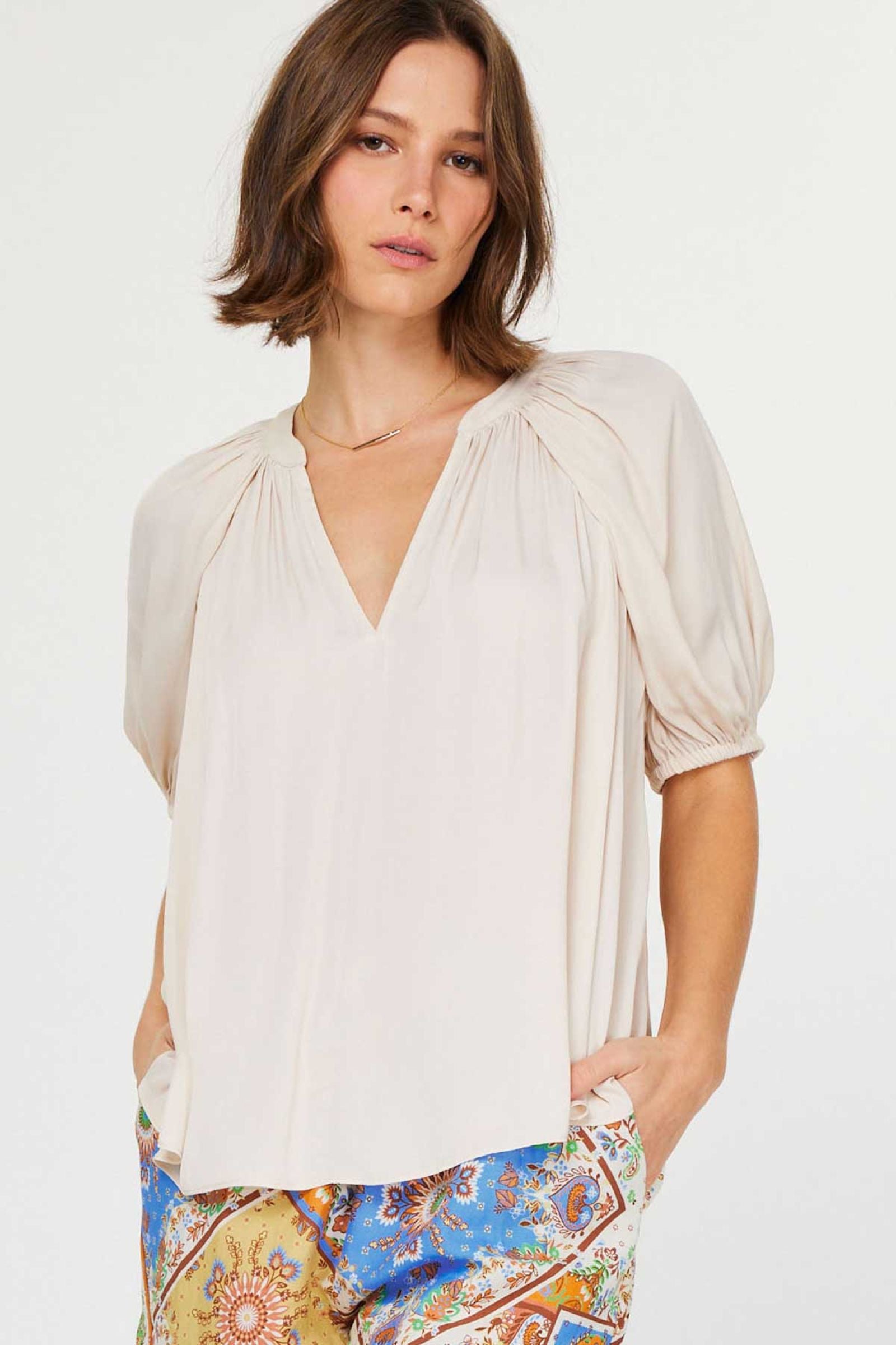 Puff Sleeve Vneck Blouse Light Beige
