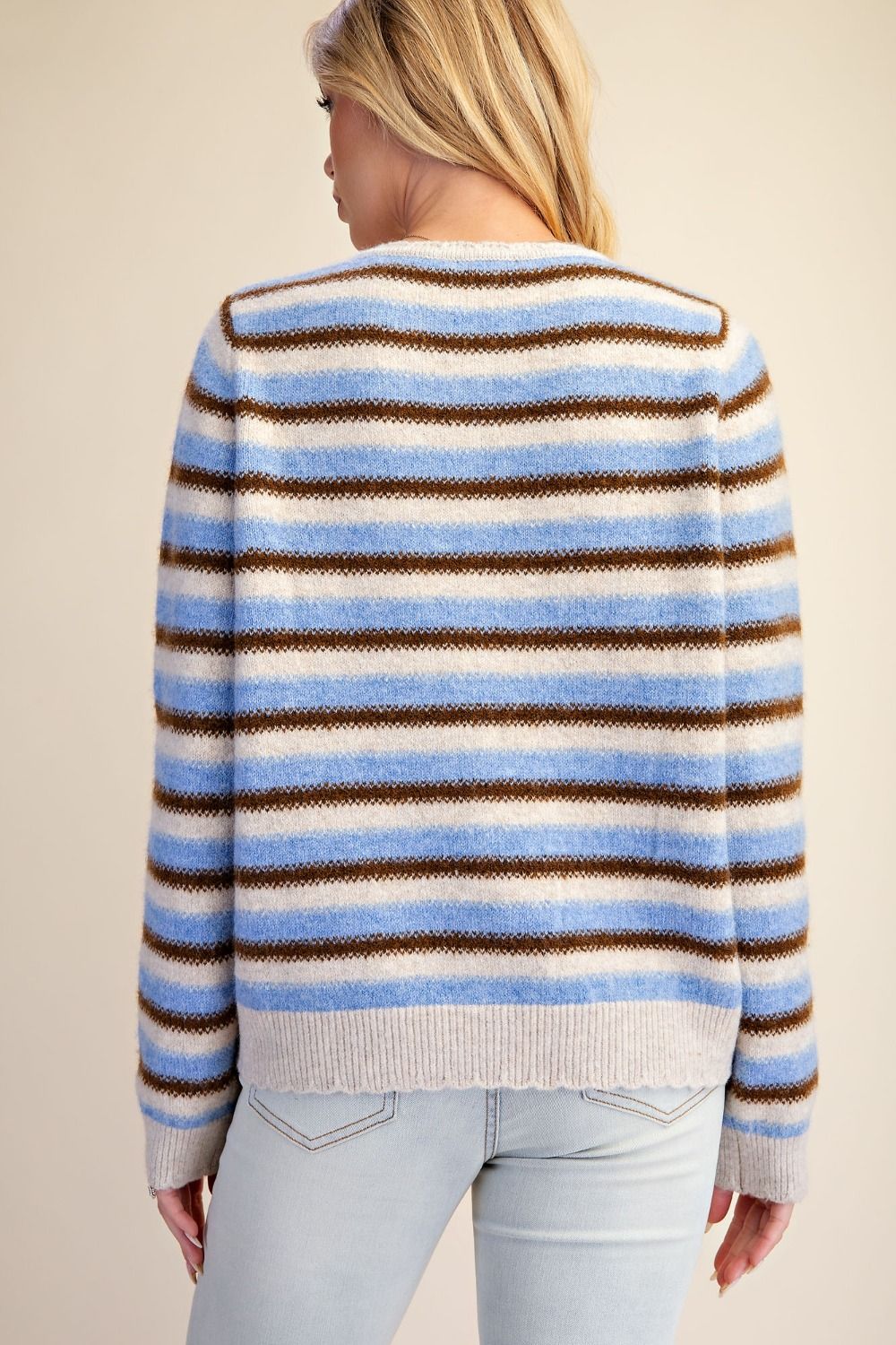 Multicolor Stripe Sweater Cardigan Khaki Blue