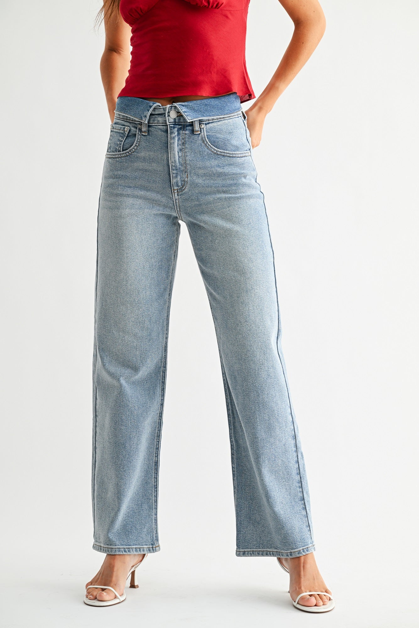 Folded Waist Relaxed Straight Jeans Light Denim