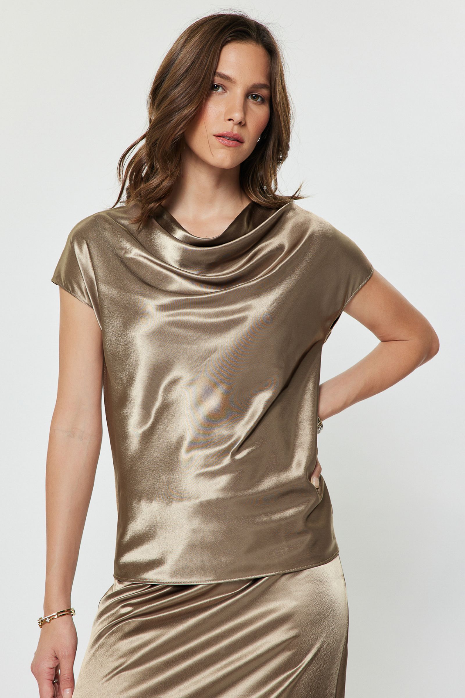 Solid Drape Neck Sweater Back Satin Top Ash Brown