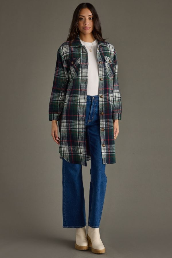 Plaid Long Shacket Navy, Green + Red