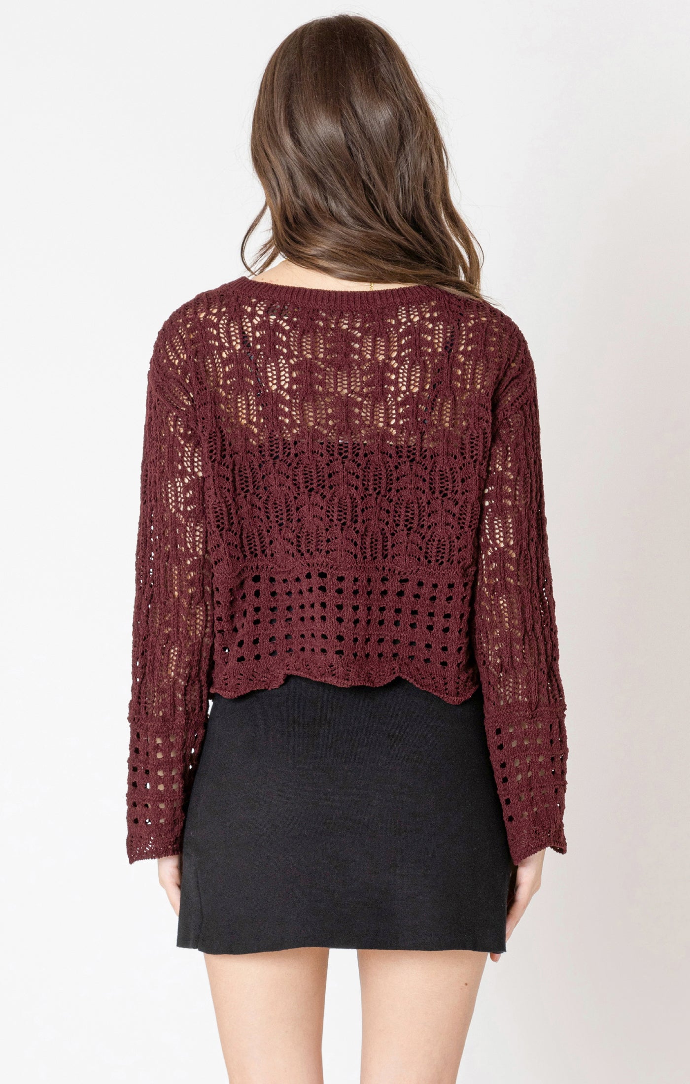 Open Stitch Wavy Hem Sweater Wine