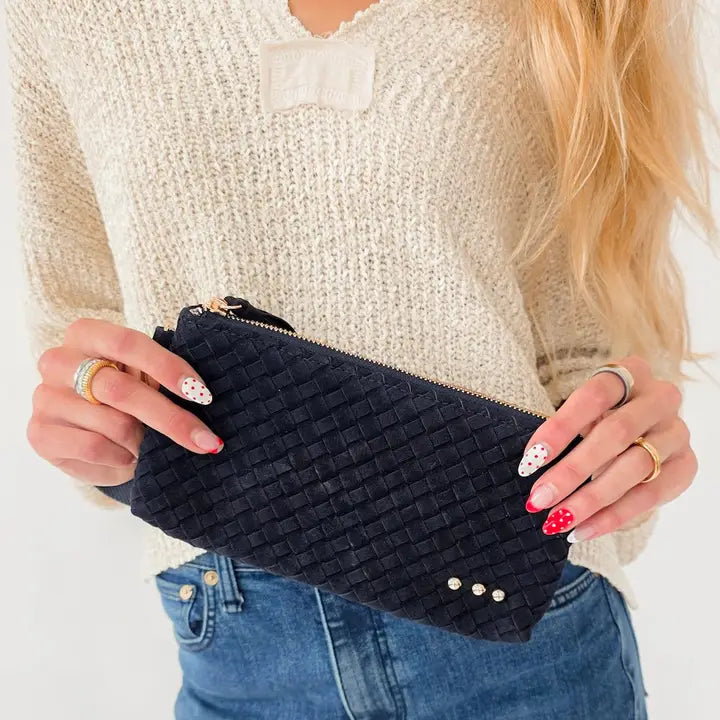 Suede Emma Woven Clutch Wristlet Navy