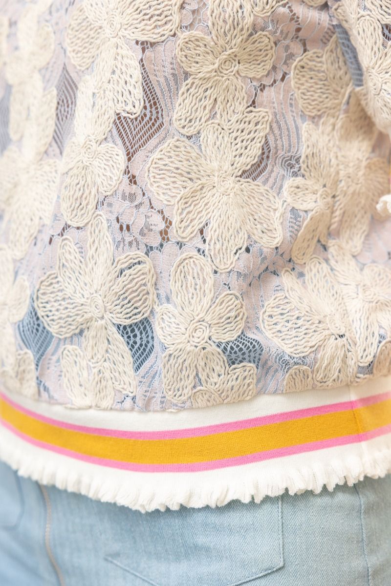 Striped Band Floral Embroidered Lace Top Lavender