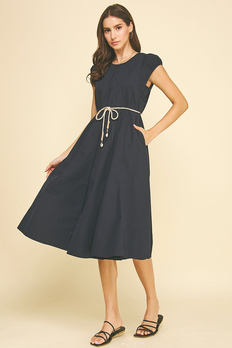 Rope Belt Stitched Seam Detail Midi Dress Navy