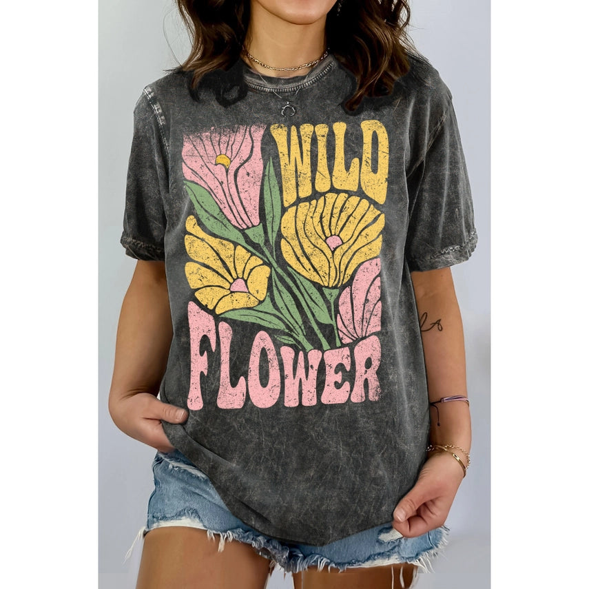 Wild Flower Floral Graphic Mineral Wash Tee Charcoal Grey